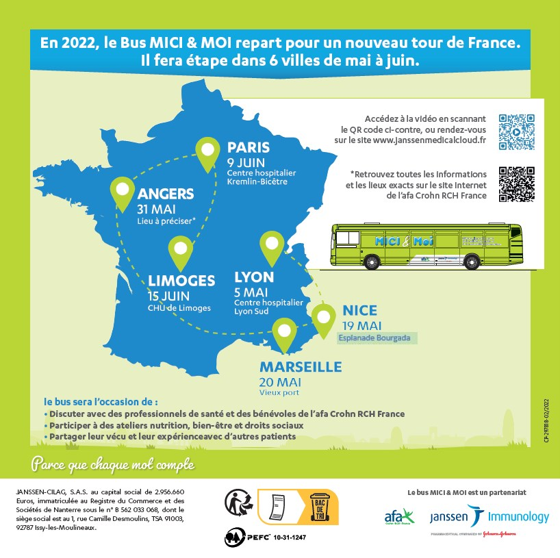 Le Bus MICI & MOI fera étape à Lyon le 5 mai, à Nice le 19 mai, à Marseille le 20 mai, à Angers le 31 mai, à Paris le 9 juin et à Limoges le 15 juin.