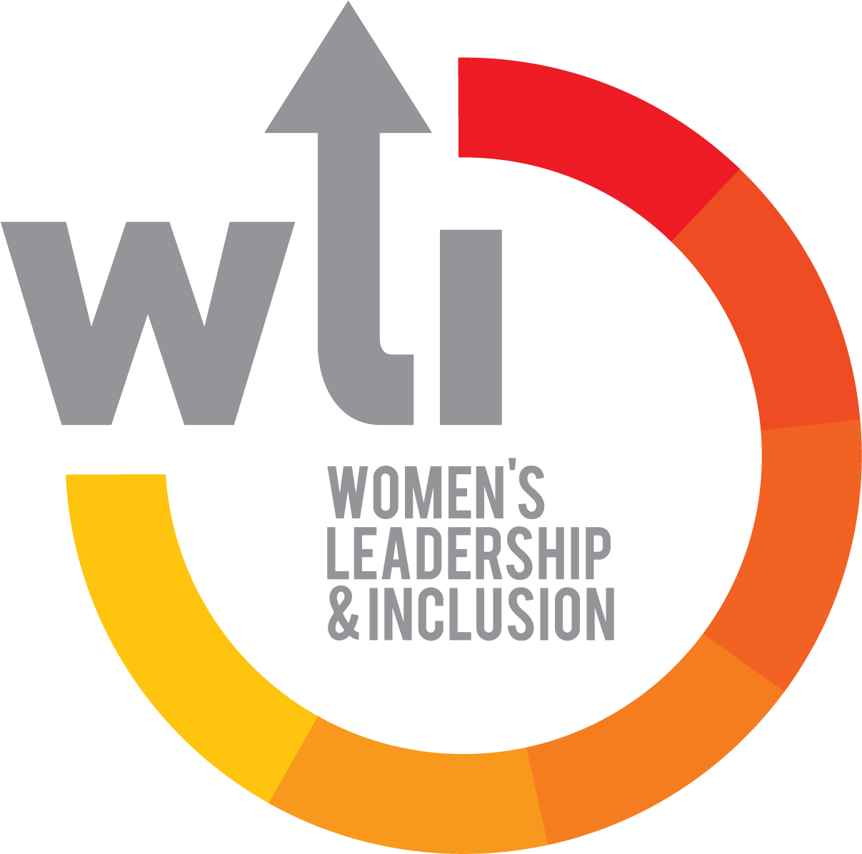 Logótipo composto pela inscrição, em cinzento, WLI – Women's Leadership & Inclusion, rodeada por um círculo interrompido com um gradiente de tons quentes (vermelhos, laranjas e amarelos).